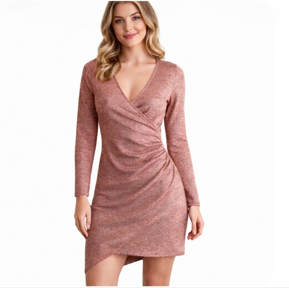 AKIRA | Rose Gold Glitter Metallic Wrap Mini Dress